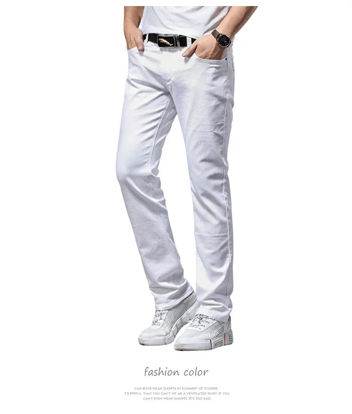 Four Seasons Men's White Jeans Fashion Casual Classic Style Slim Trousers Comfortable Soft Male Trendy Brand Stretch Pants