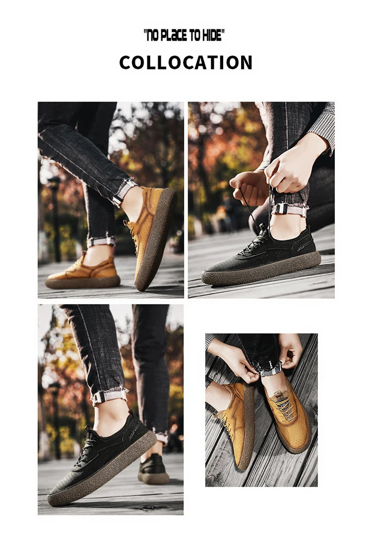 Sneakers for Men Comfortable Classic Outdoor Casual Skate Shoes Male Fashion Non-Slip Genuine Leather Skateboard Shoes Flats