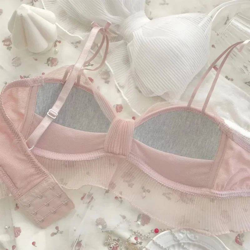 Lenjerie intimă elegantă japoneză dulce fără fir pentru fete, sutien confortabil, din dantelă și tul, bikini, push-up, sutien cu fundă