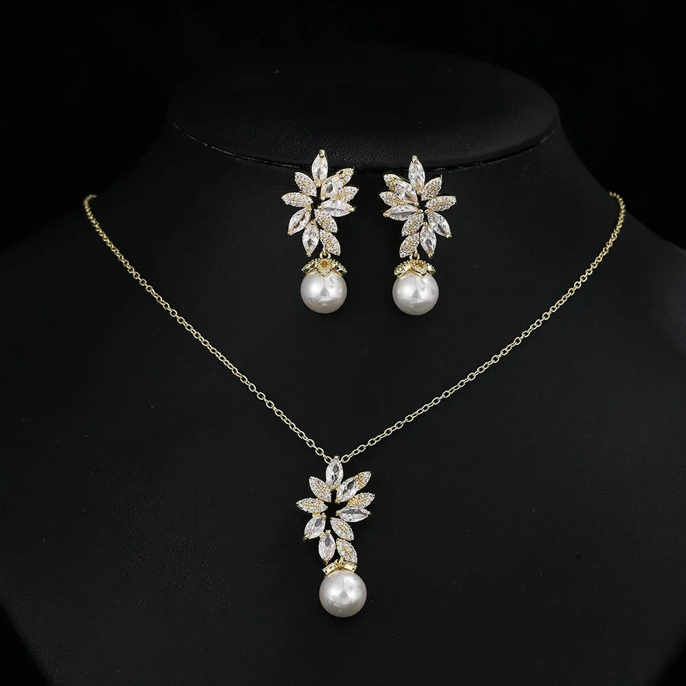 Luxus Silberfarbe AAA+ Cubic Zirkonia - Damen Große Perlen Halskette Anhänger und Ohrringe - Schmuck Sets Geschenk