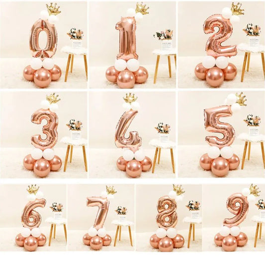 Chrome Rose Gold 32inch Number Foil Column Balloons Happy Birthday Party Decorations Kids Boy Girl 1 2 3 4 5 6 7 8 9 Year Old