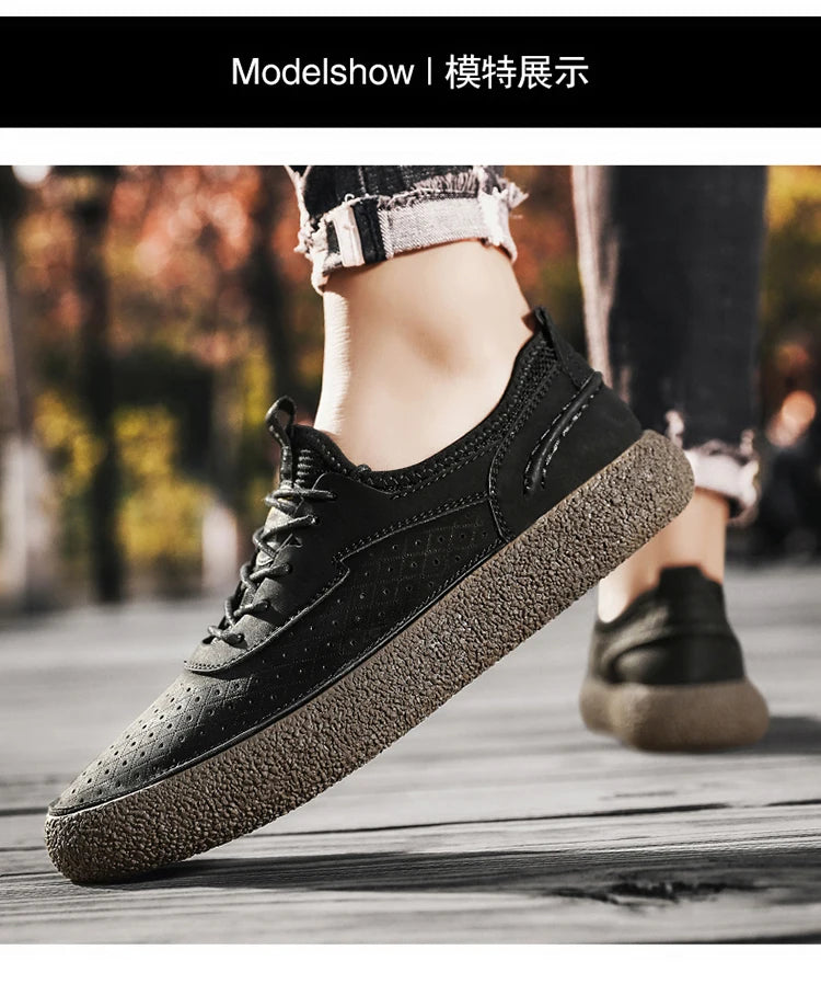 Sneakers for Men Comfortable Classic Outdoor Casual Skate Shoes Male Fashion Non-Slip Genuine Leather Skateboard Shoes Flats
