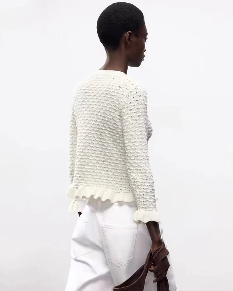 GACVGA Rüschen Strickjacke Chic - Slim Fit, 3/4-Ärmel, M