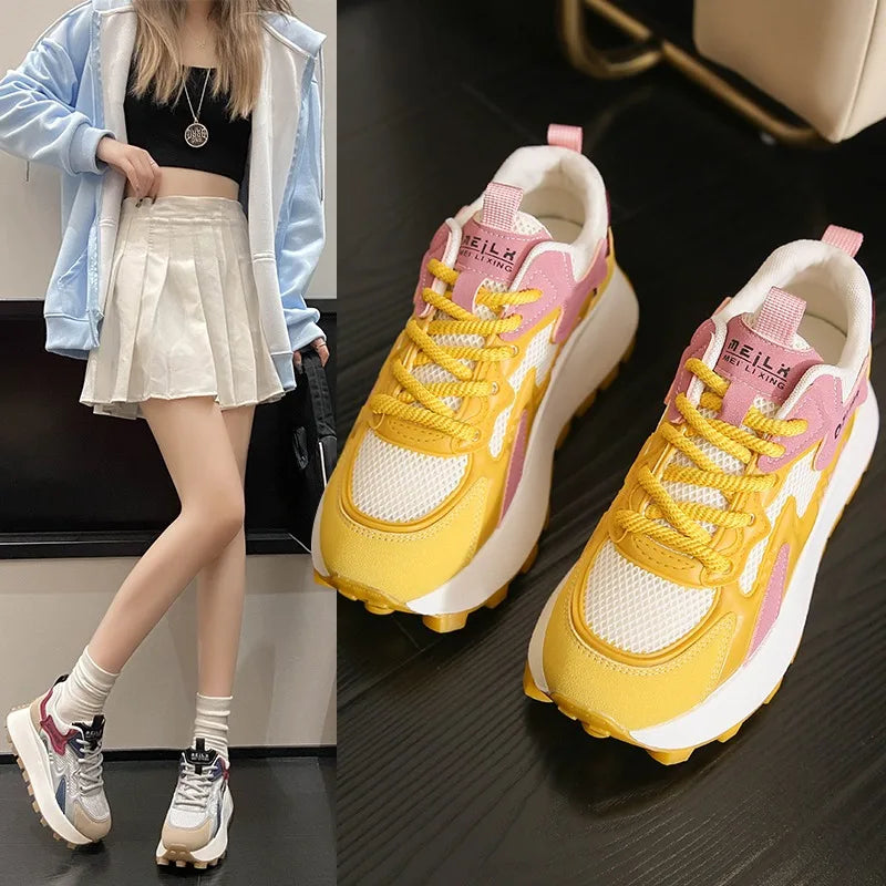 Women‘s Trendy Color-blocked Brand Design Thick-soled Sneakers 2024 Spring and autumn New  Lace-up Mesh Breathable Tennis Shoes