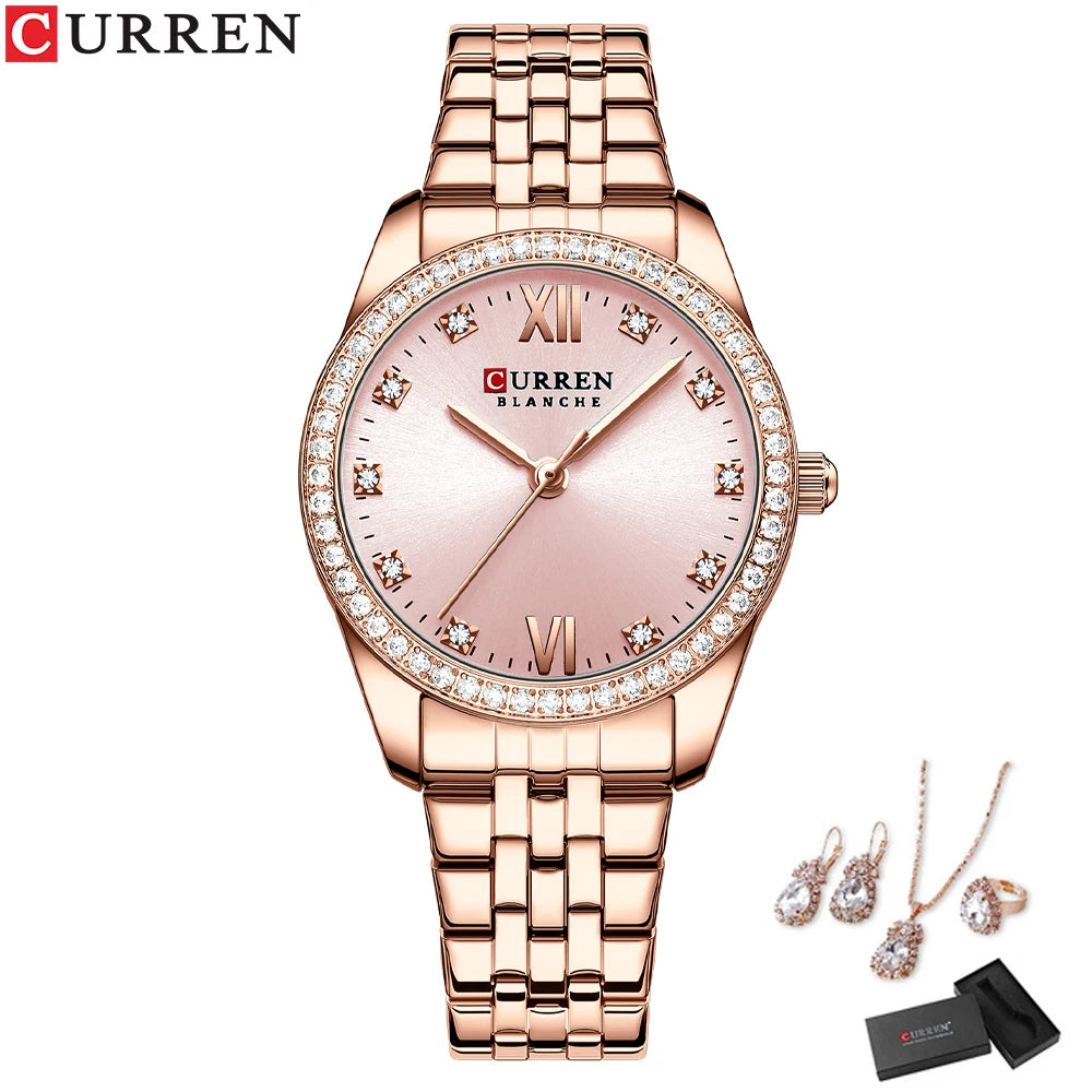 CURREN Luxus Uhr Damen Ring Halskette Ohrringe - Strass Mode Armbanduhr Weiblich Casual Damen Uhren Armband 5-teiliges Set
