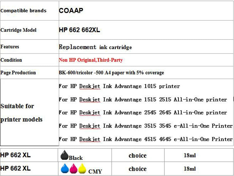 COAAP 662 Nachfüllbar - 2er Pack BK CMY Kompatibel HP
