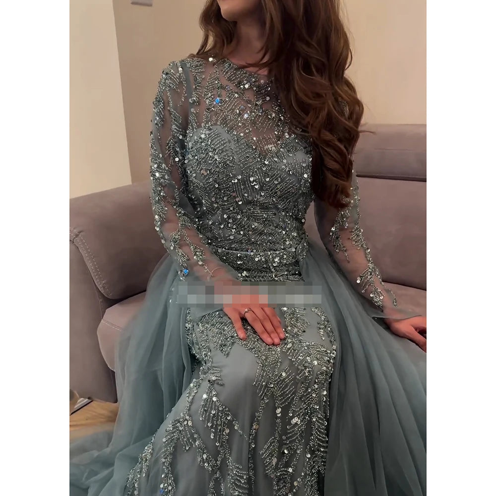 Rochie de seară elegantă pentru femei 2025 musulmană, mâneci lungi, sirenă, trenă detașabilă, mărgele, rochie de bal formală, nuntă, petrecere, personalizată