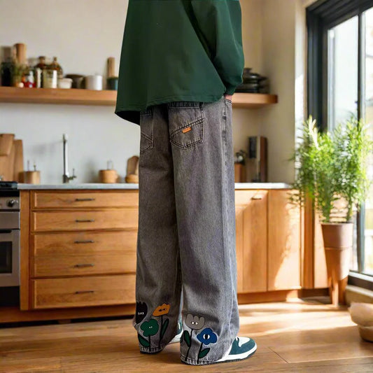 Flower baggy jeans streetwear casual denim wide-leg straight trousers