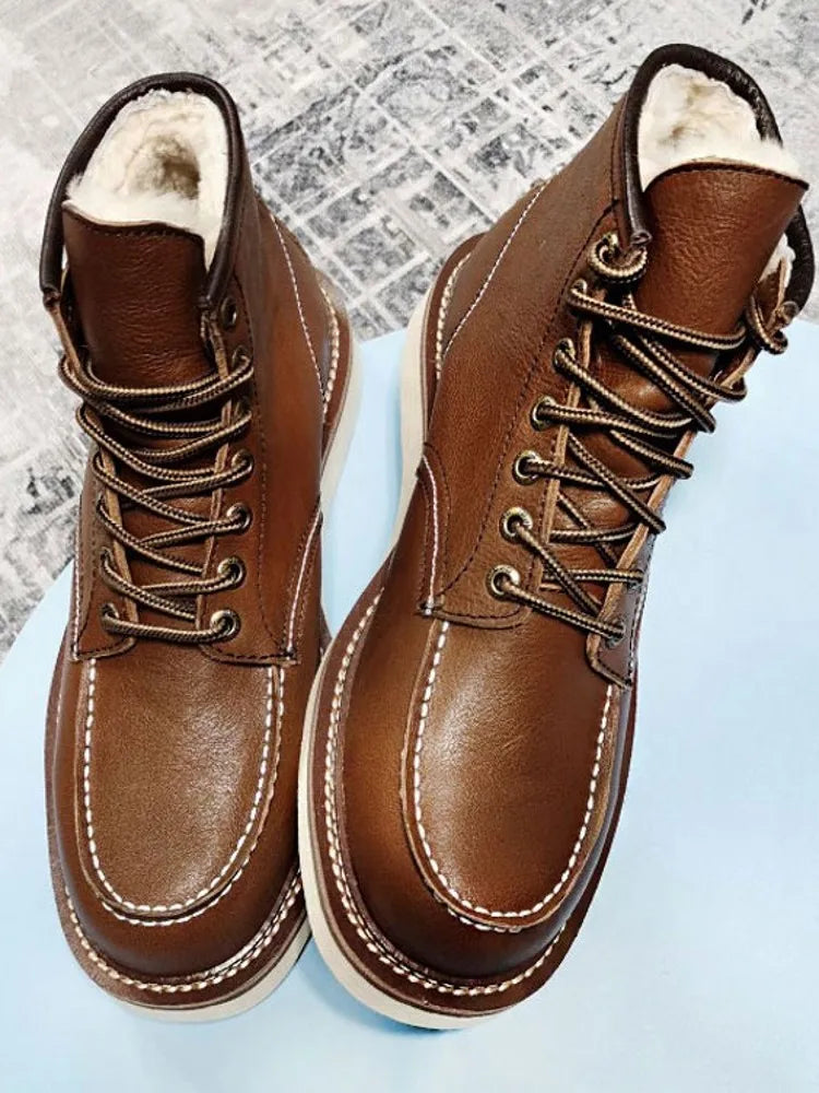 BEKEDEKECN Schneestiefel Warmes Wollfutter - Obermaterial Leder, Innenfutter Wolle, Schnürung Knöchelhoch