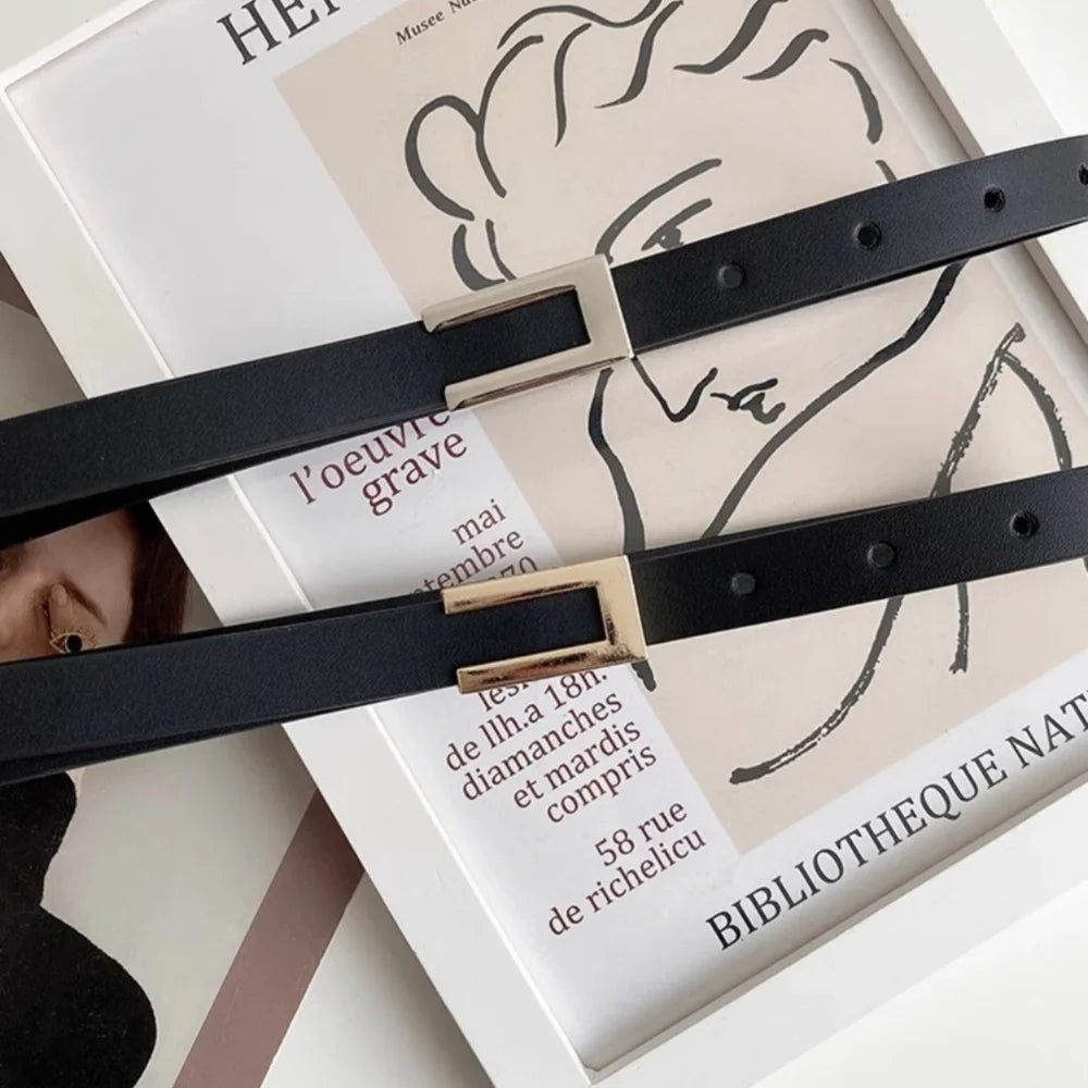 New Luxury Women Thin Belt Black Gold Silver Metal Buckle Belt PU Casual Leather Waist Belt Trouser Dress Decoration Waistband