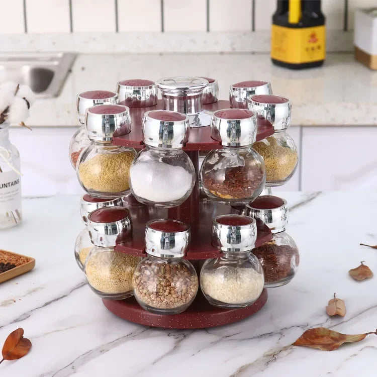 Rotating16Pcs Condiment Set Spice Jar StorageBox HomeKitchen Cruet Condiment Bottle Coffee Sugar Seal Jar Container Rack