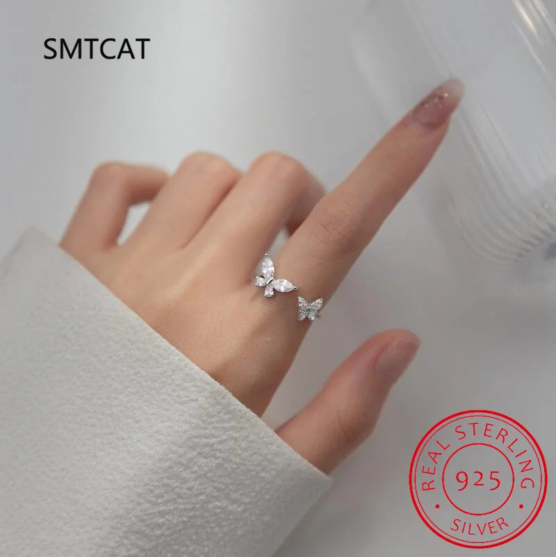 Real 925 Sterling Silver Fashion Sweet Insect Butterfly Adjustable Ring For Women Wedding Party Jewelry Gift DG0182