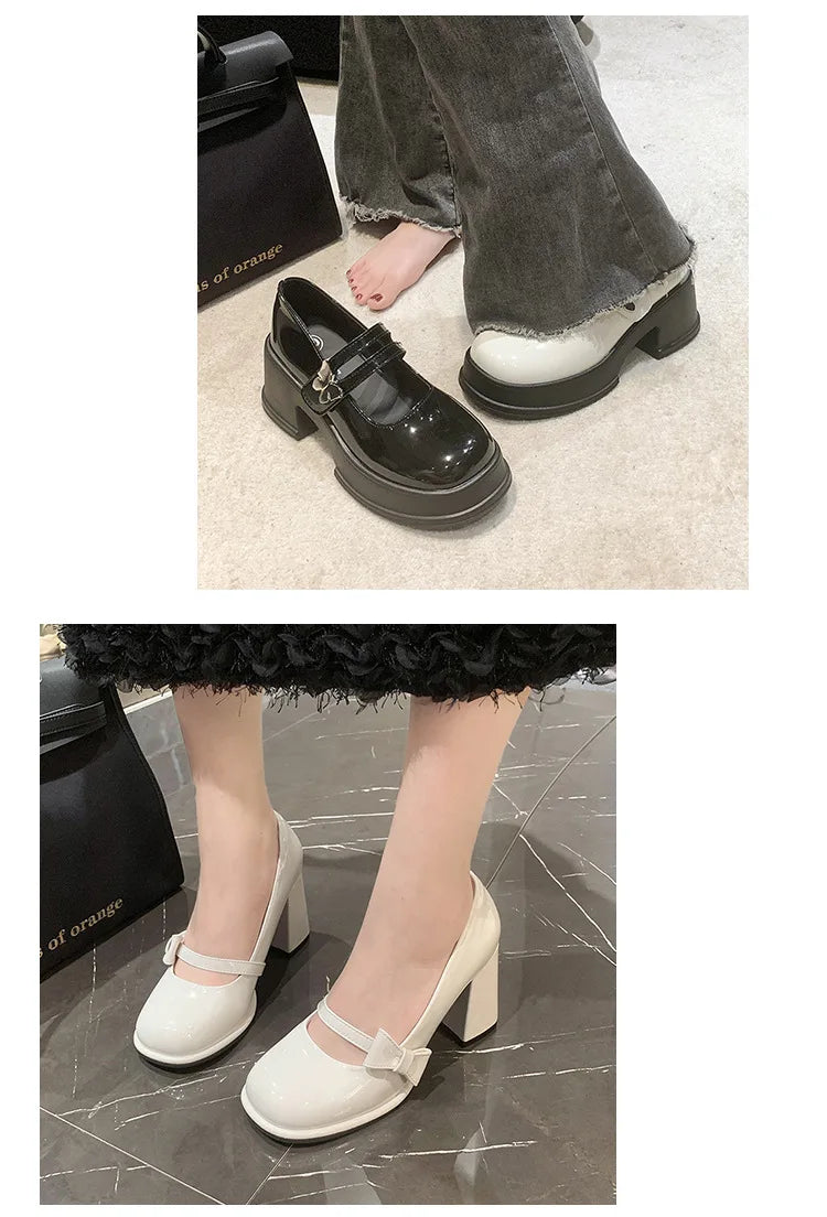 Elegant Heel Shoes Ladies 8cm High Heel Bowknot Solid Mary Jane Zapatos Adult Dress Pink White Black Cosplay Footwear