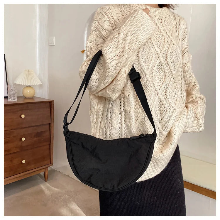 Solid Color Women's Portable Shoulder Bag Simple Female Nylon Cloth Padded Crossbody Bags Travel Purse Handbags Messenger Bag