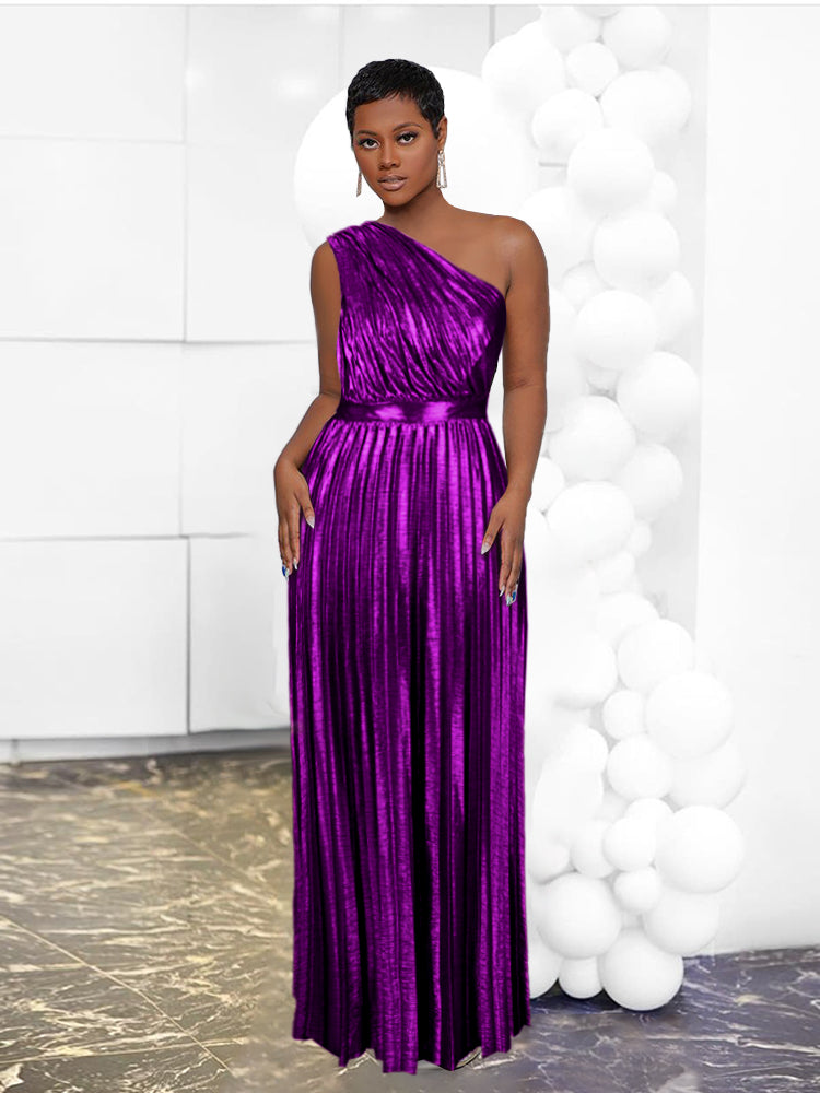 Elegant Women Even Dresses Luxury Maxi Long Metallic Pleated Dress One Shoulder Sleeveless Premium Shiny Shimmer Gowns Big Size