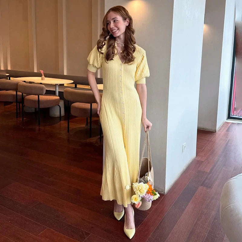 Rochie lungă tricotată Tornova cu mâneci bufante - Mărime universală, Material poliester spandex, Lungime gleznă