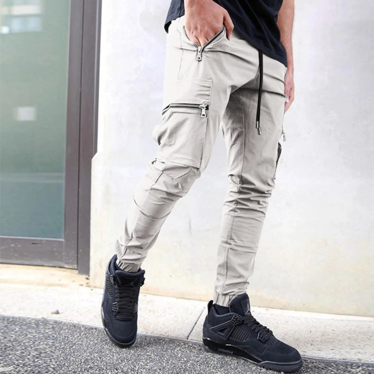 Salopetă casual pentru bărbați, primăvară și toamnă, nouă, cu cordon, personalitate, cu buzunar cu fermoar, pentru picior mic, pantaloni creion, pantaloni lungi