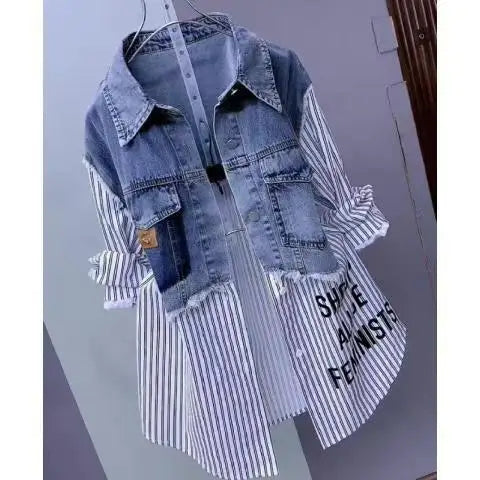 Fashion Striped Denim Jacket Women's Spring/summer 2024 New Design Sense Stitching Women Jackets Temperament Coat Top