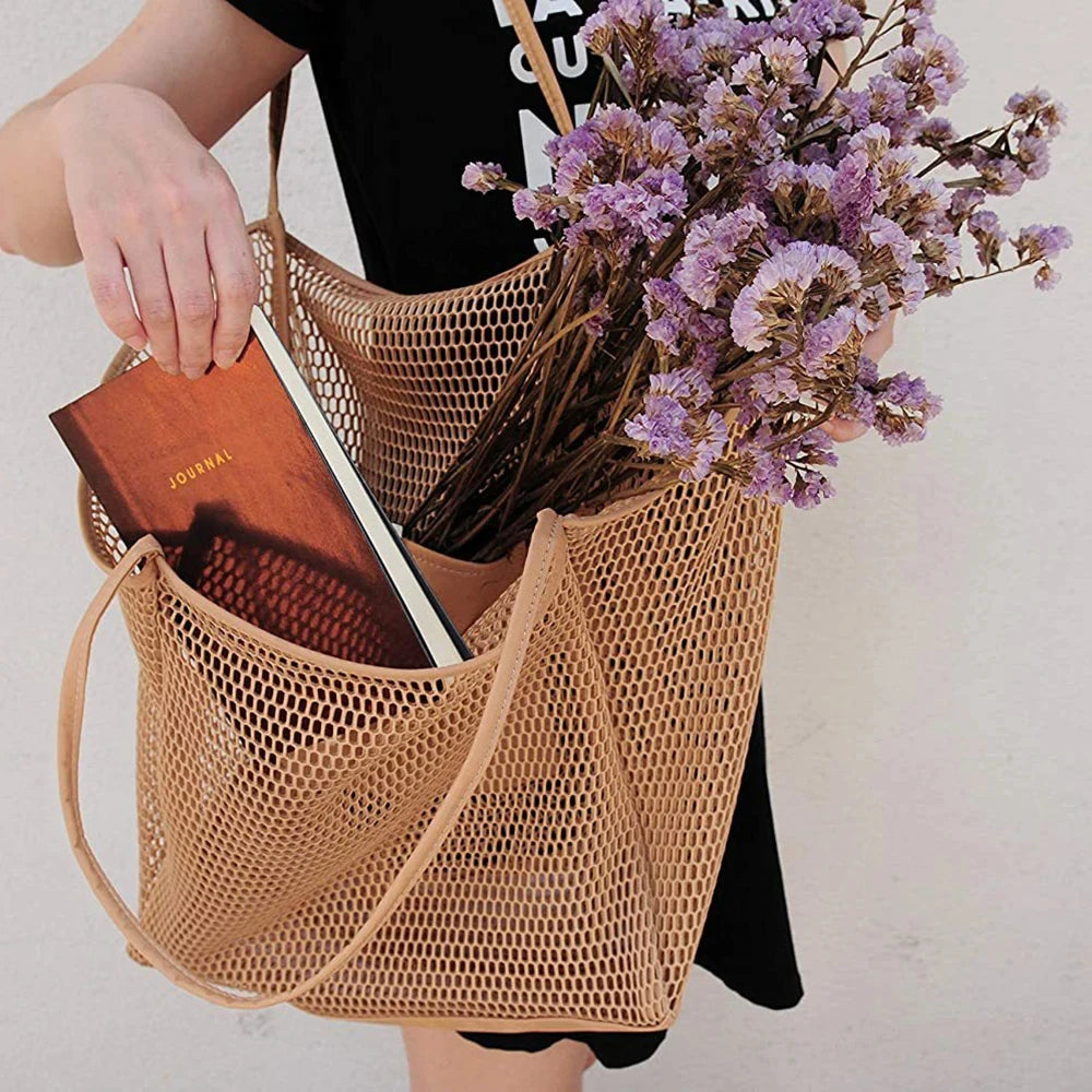 Women Swimming Beach Mesh Bag Ladies Shoulder Bag Large-capacity Travel Portable Storage Bag Multifunction Handbag