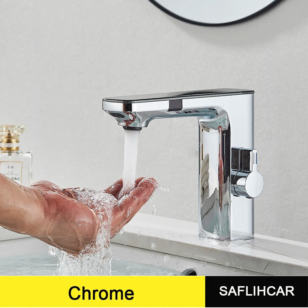 White Smart Daul Sensor Bathroom Basin Faucet Hot Cold Water Mixer Deck Mount Bathroom Sink Faucet