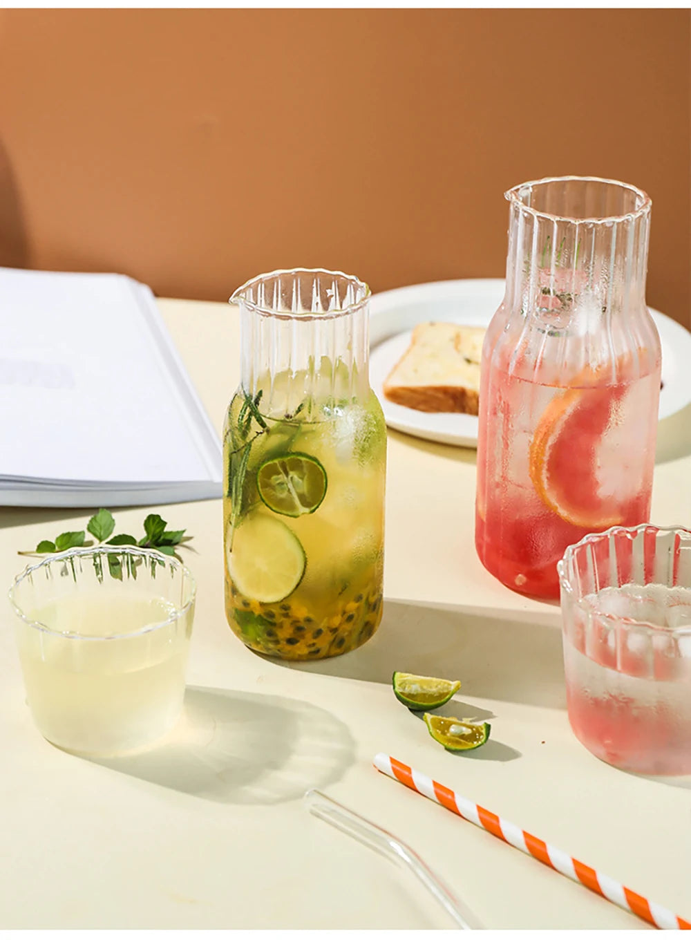 Glass Water Bottle with Glass Cup Set Drinkware Bedside Carafe with Tumbler Glasses Drinking Pitcher for Milk Beverage Tea