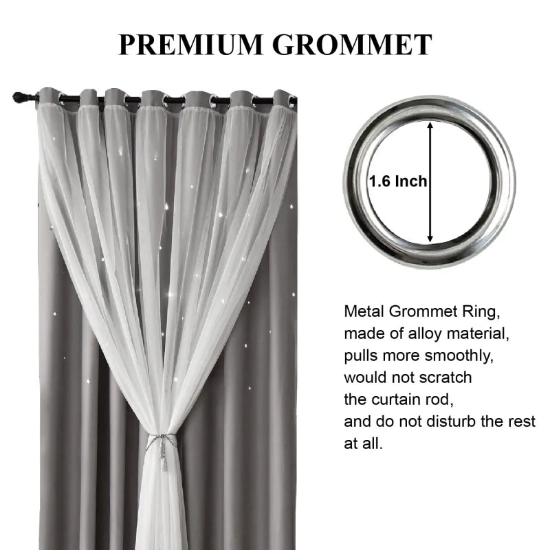 Blackout Curtains for Bedroom Double Layer Star Cutout Cute Curtain Grommet Top Window Curtain Panel for Living Room and Nursery