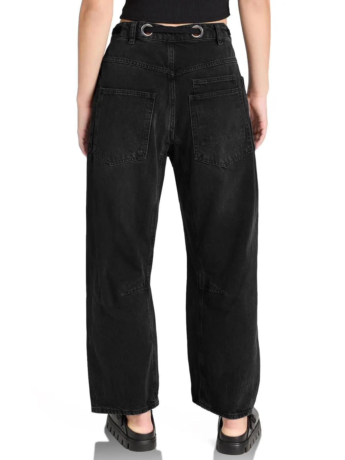 Jeans Women Denim Pants Straight Trousers Drawstring Long Pant Casual Loose Y2k Streetwear Button Pocket Splice Mom Jeans 2025