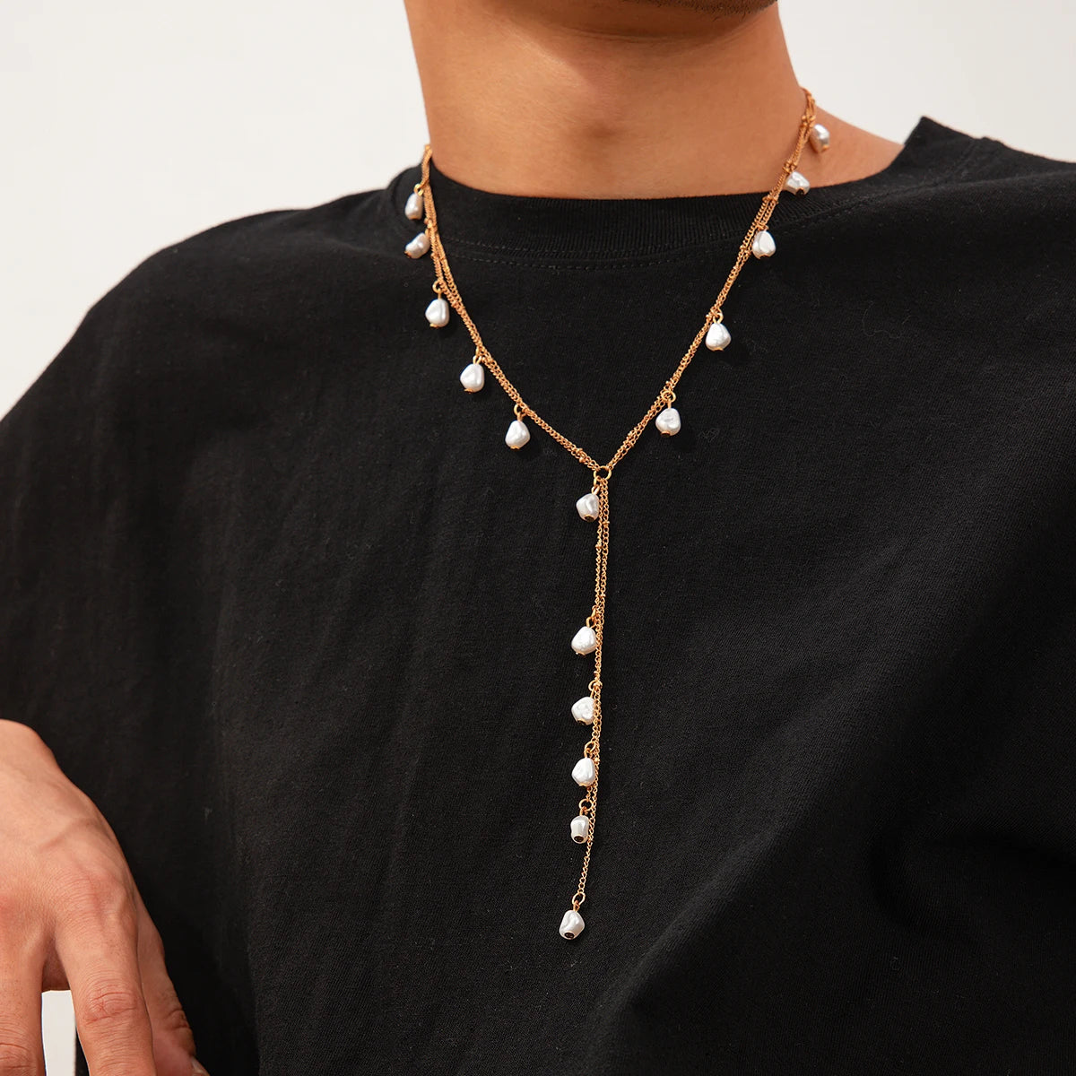 IngeSight.Z Creative Design Irregular Imitation Pearl Copper Tassel Long Chain Pendant Necklace for Men Women New Trend Jewelry