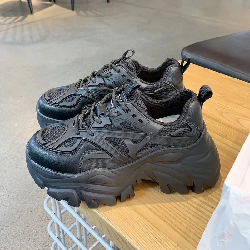Women New Fashion Platform Sport Shoes Women 2024 New Summer Black Casual Chunky Sneakers Women Mesh Leather Platform Shoes - Golden Bridge Store