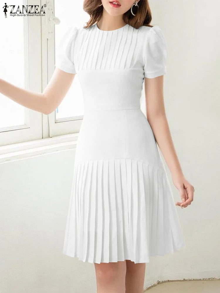 Rochii elegante de birou pentru femei 2025, rochie de vară ZANZEA, rochie elegantă cu mâneci scurte și bufante, plisată, pentru petreceri, până la genunchi, halat de baie