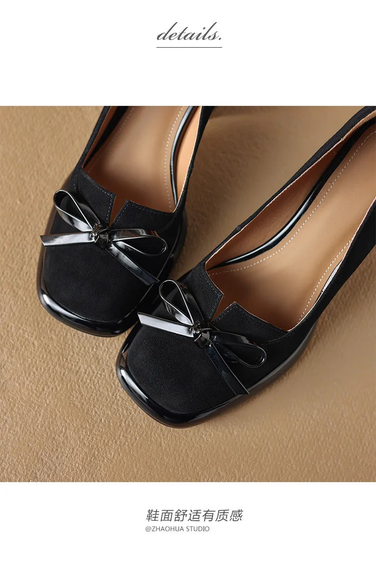 Women Shoes  Spring Retro High Heels Butterfly Knot Square Heel Faux Suede Commuting Elegant 6-8cm Pumps Tacones Para Mujer
