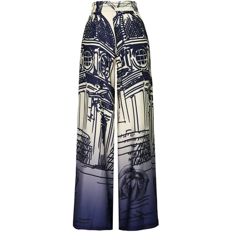 Costum elegant pentru femei, două piese, cu cămașă cu mânecă lungă și nasturi, și pantaloni largi, la modă, model imprimat, set de birou