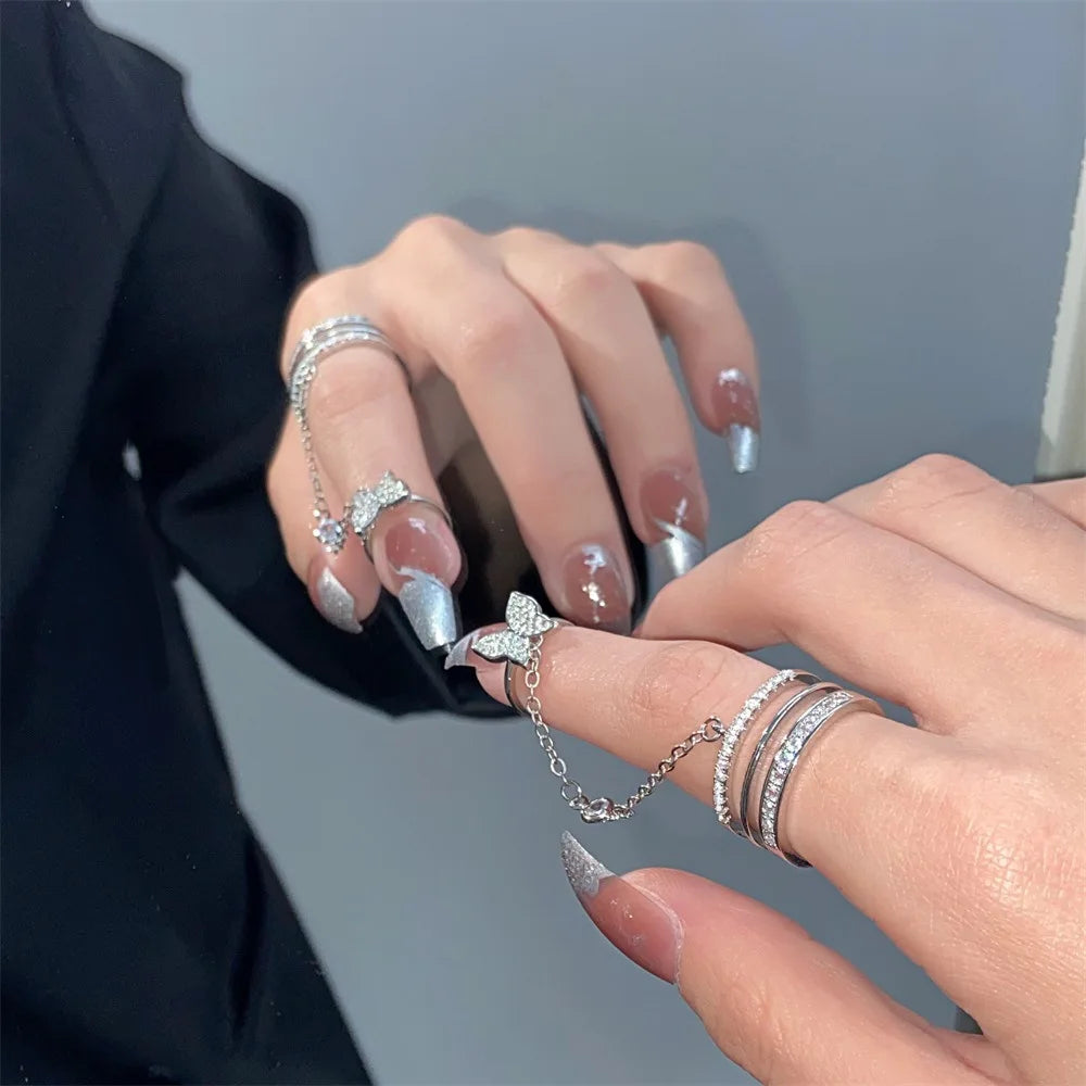 Silver Color Butterfly Ring For Women Ins Fashion Micro Inlaid Zircon Tassel Chain Double Open Rings Finger Jewelry Gifts KDR021