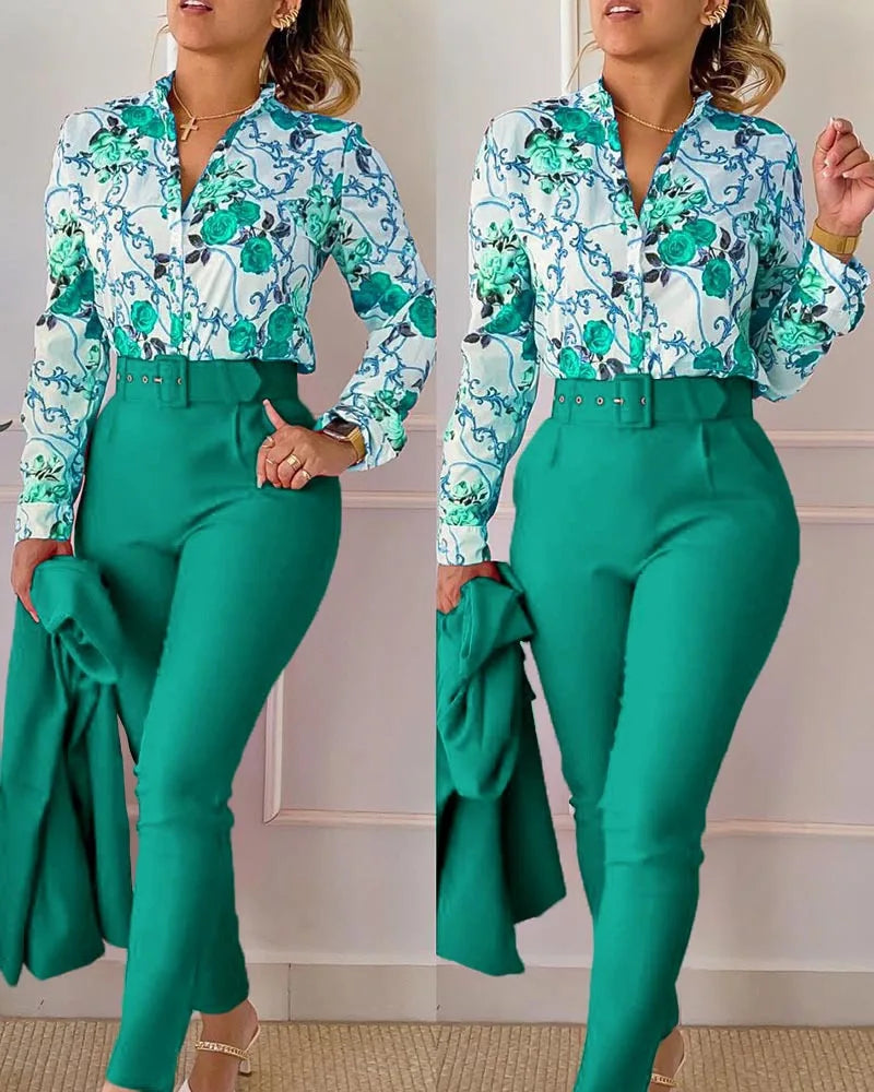 Femei elegante cămașă două piese set costume toamna nouă modă imprimare mânecă lungă top pantaloni negri set cu curea bluze îmbrăcăminte feminină