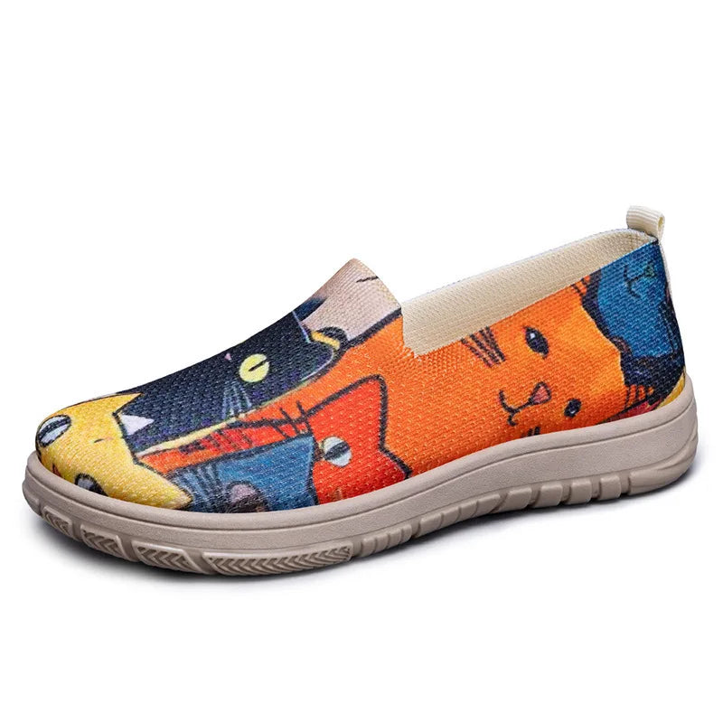 Women's Slip-On Sneakers Cat Print Spring Casual Shoes Plus Size Flat Sole Comfort Color Block Fabric Breathable Lightweight