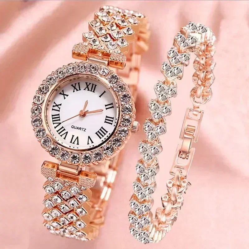 Mode Luxus Vollkristall 5-teiliges Set - Uhr Halskette Ohrringe Ring Set für Damen - Strass Armbanduhr Damen Armband Set Geschenk