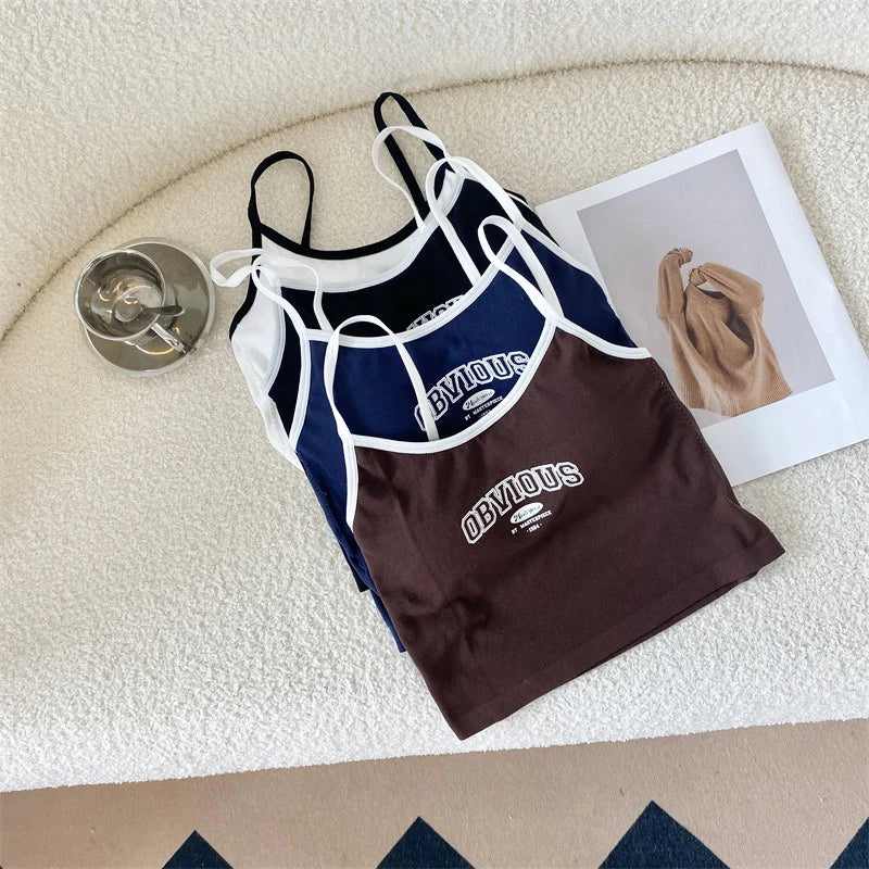 Femei topuri tanc cu burete sutien Crop topuri O-neck culoare solidă Crop topuri vară scrisoare imprimare spaghete camisol top edgy haine Y2k