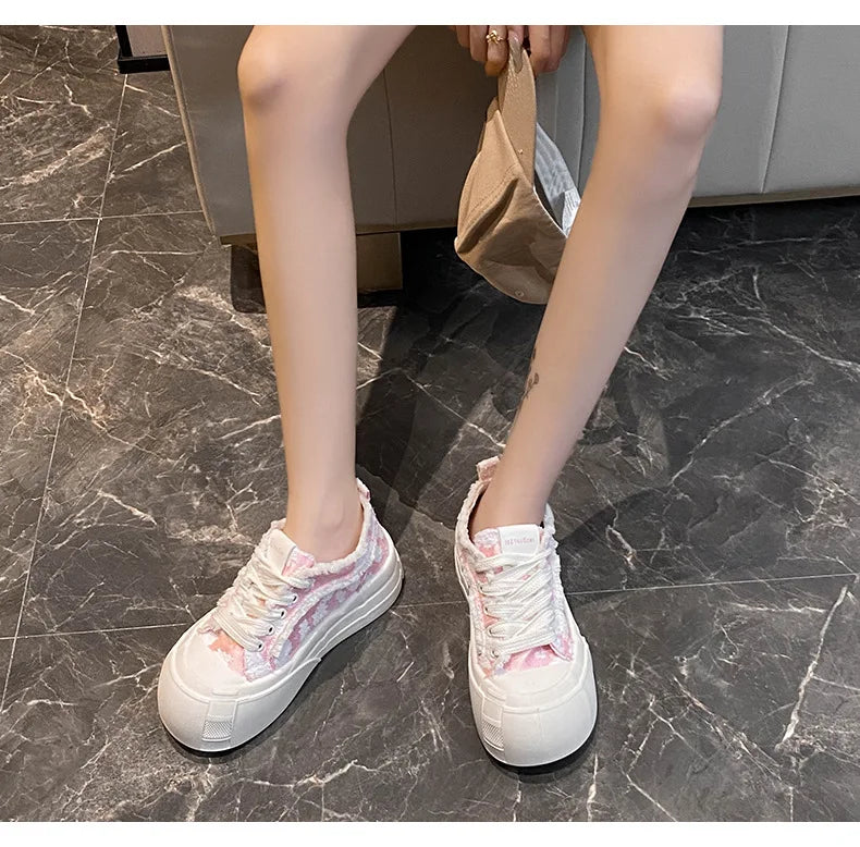 Womens Platform Sneakers White Tennis Shoes Woman Casual Low Top Fashion Chunky Canvas Sneakers 2025 New Spring Summer Trainers