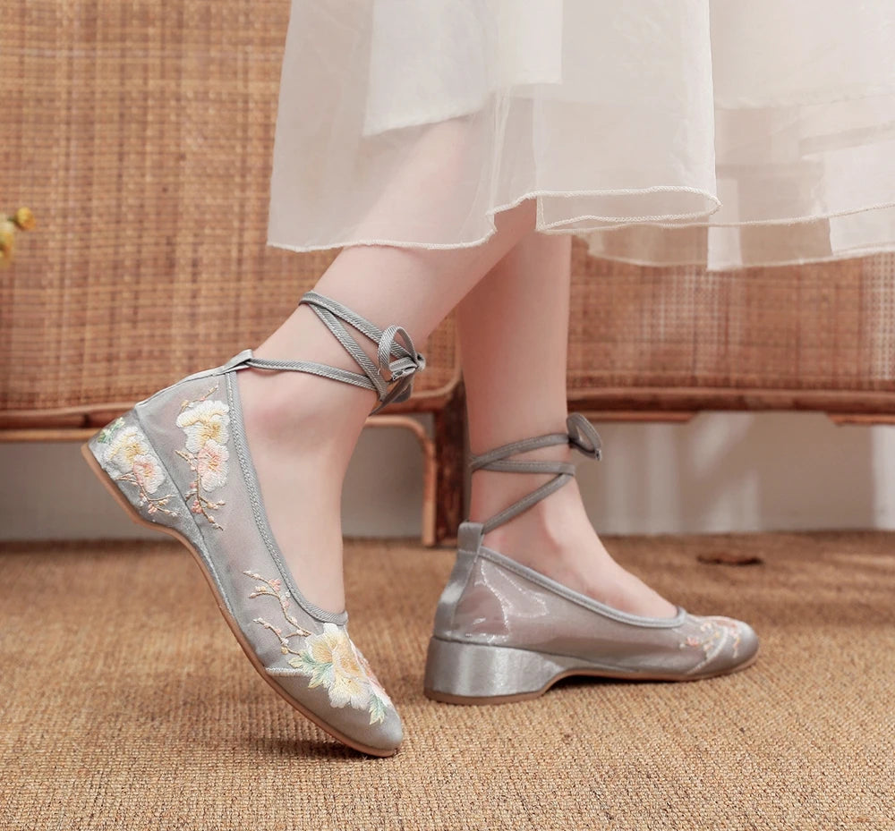 Ballerinas 2025: Veowalk Long Ankle Strap Summer Women Gauze Mesh - Embroidered Ballet Flats Breathable Comfortable Walking Shoes Elegant Lady Collection