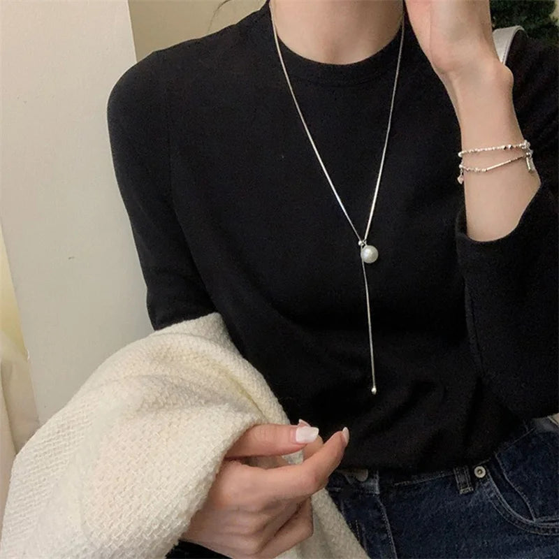Fashion Silver Color Long Tassel Pull Pearl Pendant Necklaces for Women Simple Adjustable Clavicle Chain Choker Jewelry Gift
