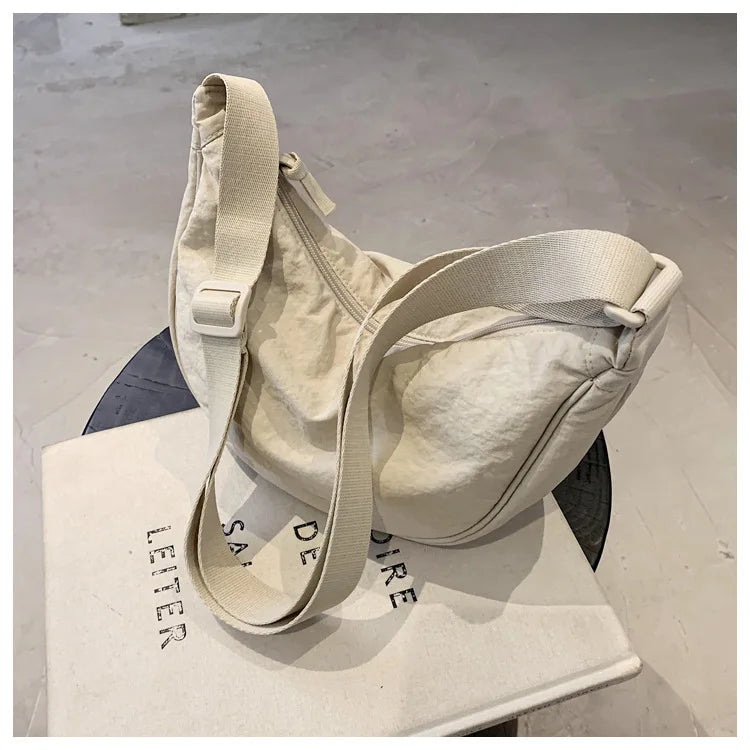 Solid Color Women's Portable Shoulder Bag Simple Female Nylon Cloth Padded Crossbody Bags Travel Purse Handbags Messenger Bag