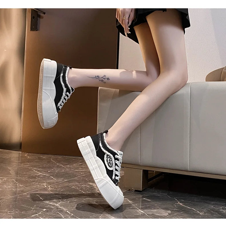 Womens Platform Sneakers White Tennis Shoes Woman Casual Low Top Fashion Chunky Canvas Sneakers 2025 New Spring Summer Trainers