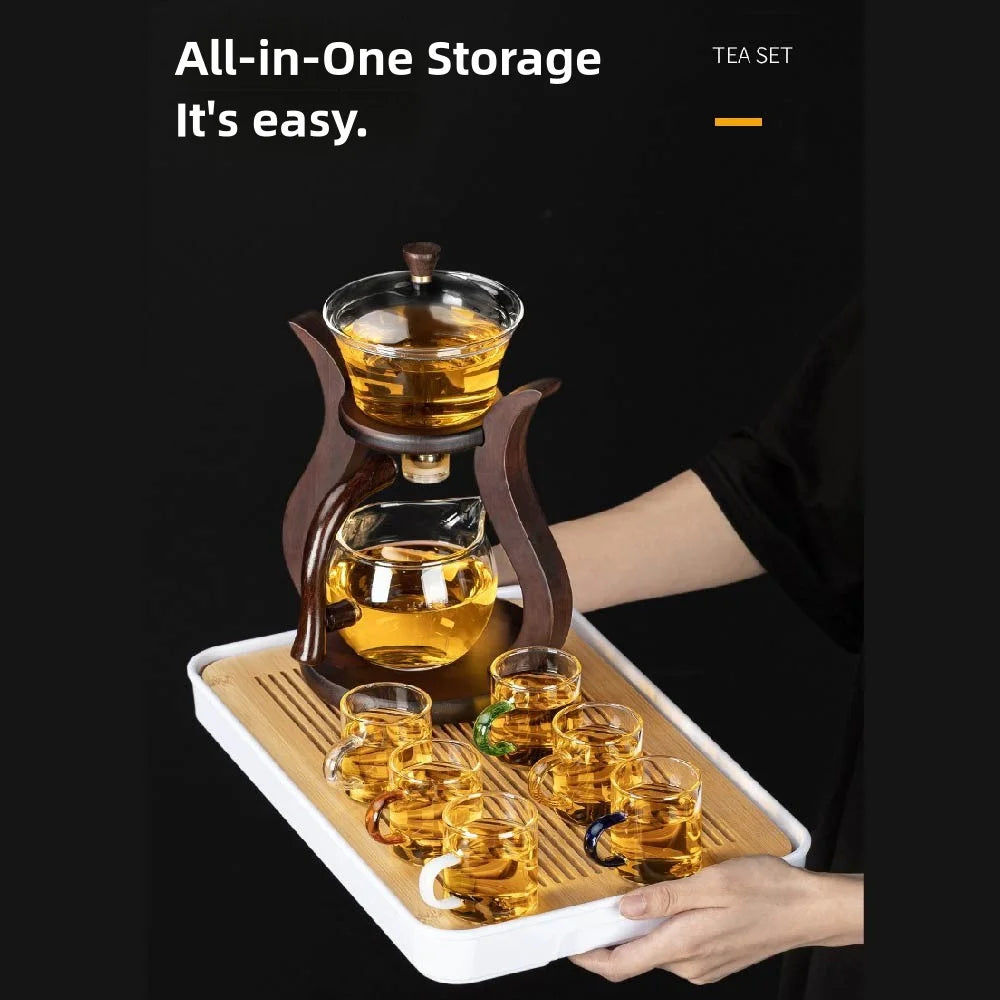 Tea Pot Glass Kettle Automatic Teapot with Strainer Magnetic Infuser Wood Holder Heat Resistant Coffee Pot Bowl Cups Set Jug 주전자