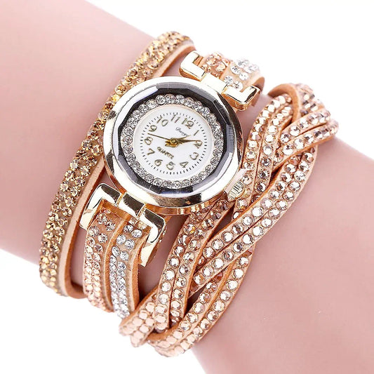 Damen-Uhr 2025: MOONBIFFY Fashion Casual Gold Quartz Women Rhinestone Watch - Braided Leather Bracelet Watch Gift Ladies Wristwatch Relogio Feminino Gift Collection