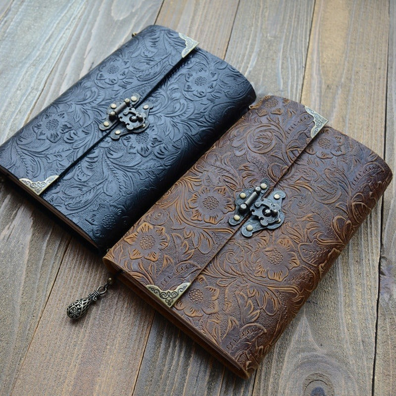 Embossed Pattern Soft Leather Travel Notebook with Lock and Key Diary Notepad Paper for Business Sketching & Writing