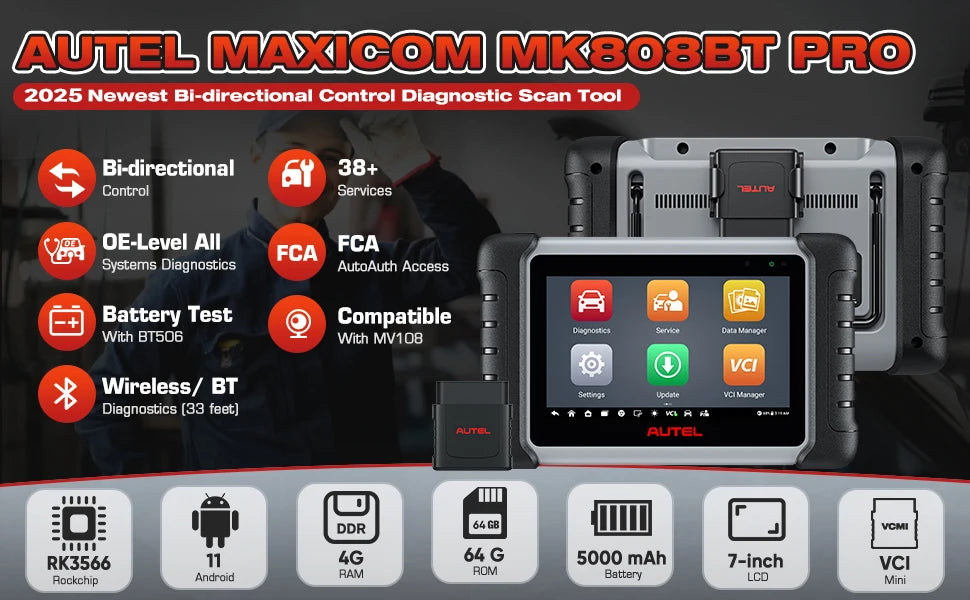 Autel MaxiCOM MK808BT Pro OBD2 Scanner Instrument de diagnosticare auto Cititor de coduri cu test activ, diagnosticare completă a sistemului, peste 28 de servicii