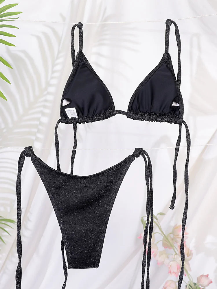 Miyouj Glänzender Bikini-Set - Dreieck-Bikini mit Bandage-Schwimmanzug für Frauen