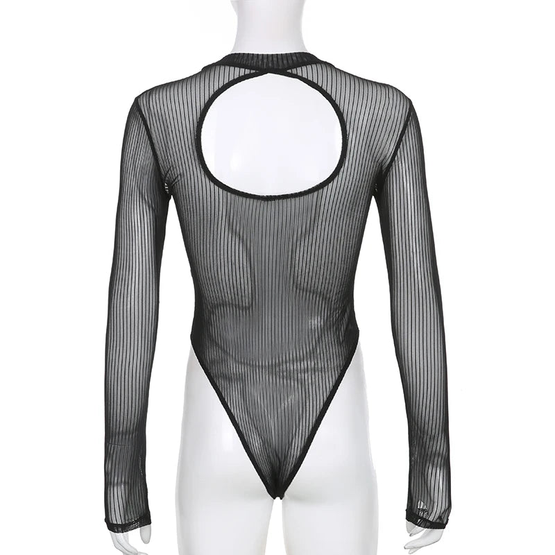 SUCHCUTE Sexy See Though Women T-shirts Gothic Mesh Black Long Sleeve Skinny Bodysuit Dark Fashion Hollow Out Backless Playsuit