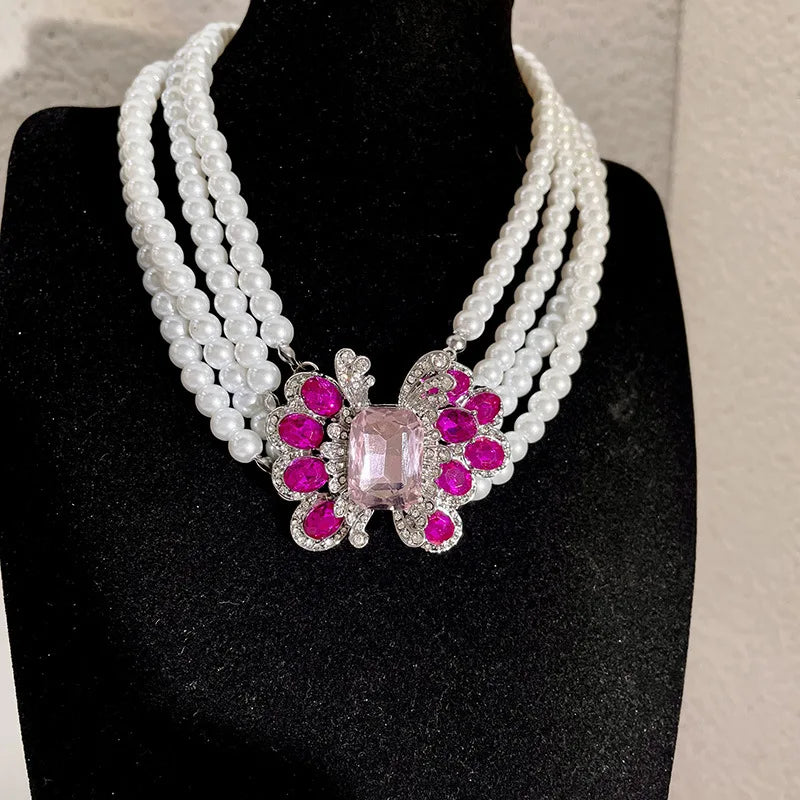 Luxus Strass Geometrische Mehrschichtige Perlen Halskette - Französisches Übertriebenes Design Nische Schlüsselbein Kette - Damen Party Schmuck