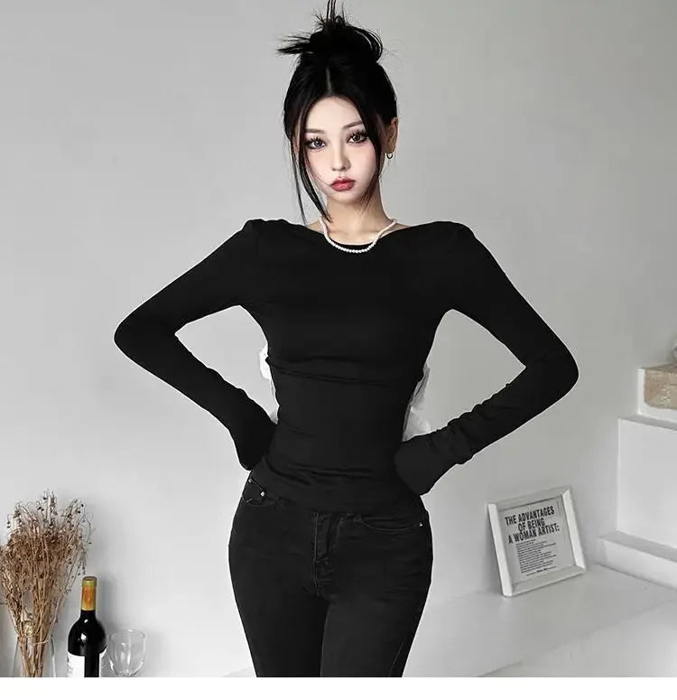 New elegant Tshirts for Women 2025 Ropa Mujer Patchwork Tops Tunic Long Sleeve Tees Backless Crop Fashion Casual Y2k T-shirt - Golden Bridge Store